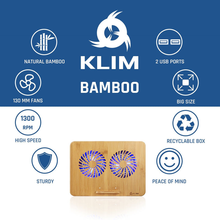 KLIM Bamboo Laptop Cooling Pad - Adjustable Speed - Upto 15.6” Laptop - KLIM Technologies