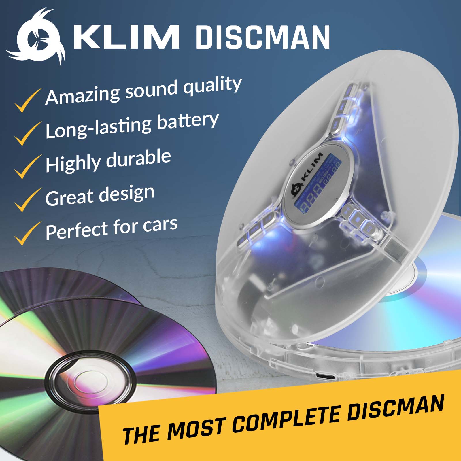 KLIM Discman Portable CD Player | Built-in Rechargeable Battery