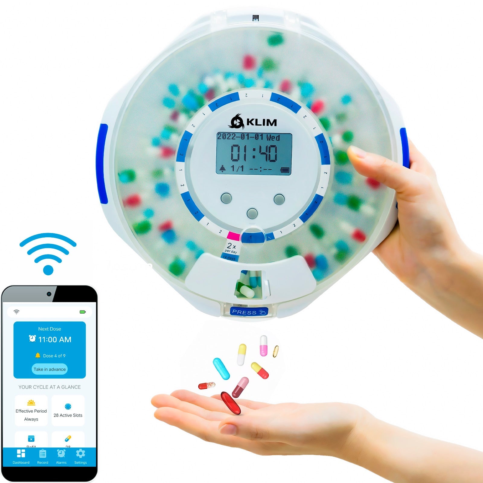 KLIM Smart Pill Dispenser with Alarm - WiFi Monitoring App - 28 - Day Automatic Medicine Dispenser for Elderly & Alzheimer’s Care - Lock Key - New Version - KLIM Technologies