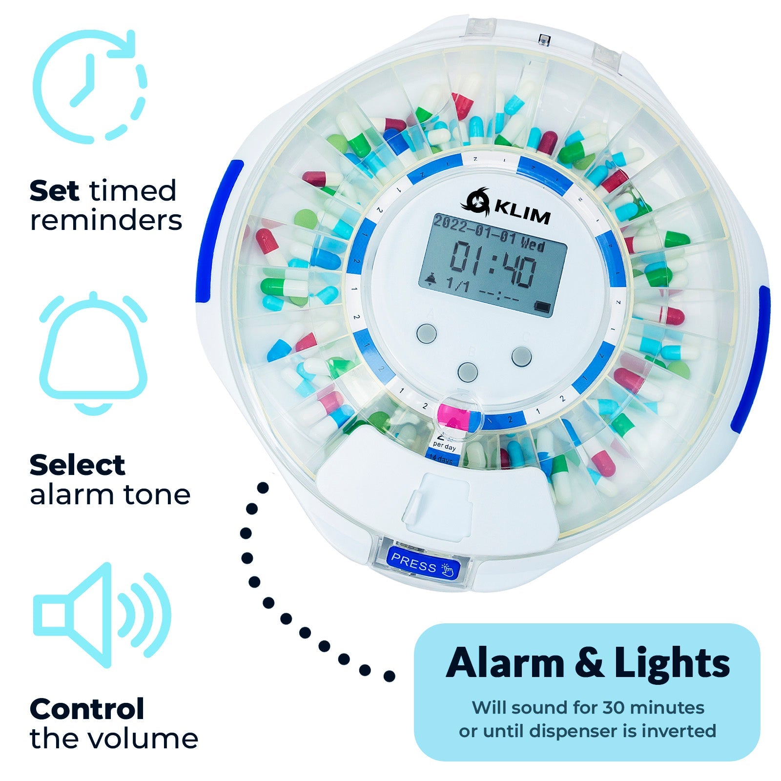 KLIM Smart Pill Dispenser with Alarm - WiFi Monitoring App - 28 - Day Automatic Medicine Dispenser for Elderly & Alzheimer’s Care - Lock Key - New Version - KLIM Technologies