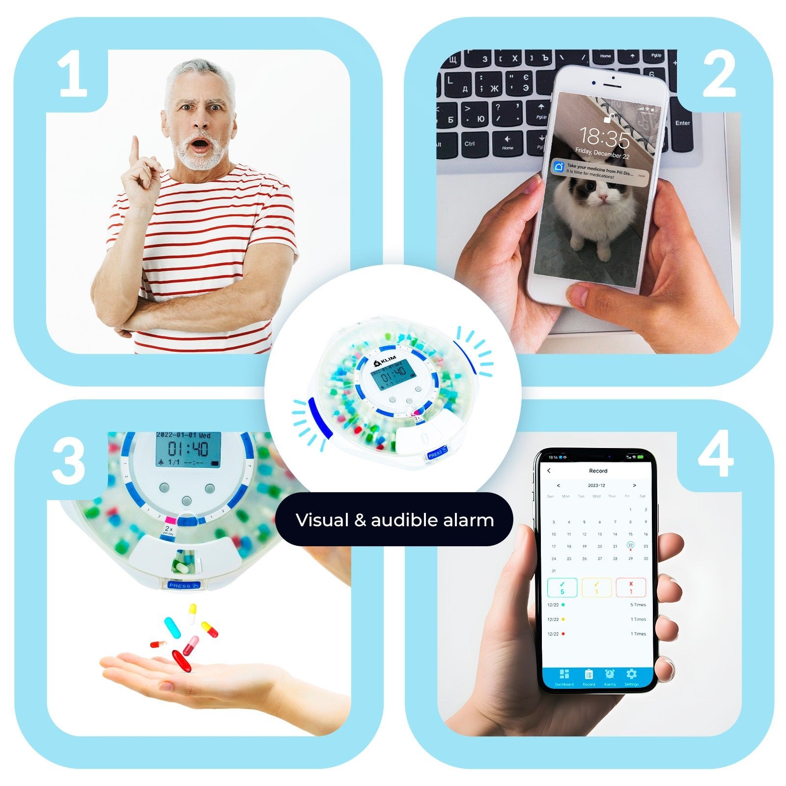 KLIM Smart Pill Dispenser with Alarm - WiFi Monitoring App - 28 - Day Automatic Medicine Dispenser for Elderly & Alzheimer’s Care - Lock Key - New Version - KLIM Technologies