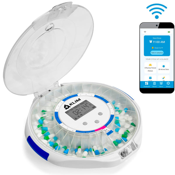KLIM Smart Pill Dispenser with Alarm - WiFi Monitoring App - 28 - Day Automatic Medicine Dispenser for Elderly & Alzheimer’s Care - Lock Key - New Version - KLIM Technologies