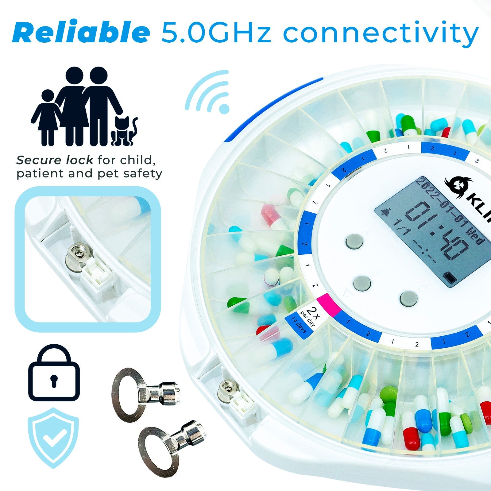 KLIM Smart Pill Dispenser with Alarm - WiFi Monitoring App - 28 - Day Automatic Medicine Dispenser for Elderly & Alzheimer’s Care - Lock Key - New Version - KLIM Technologies