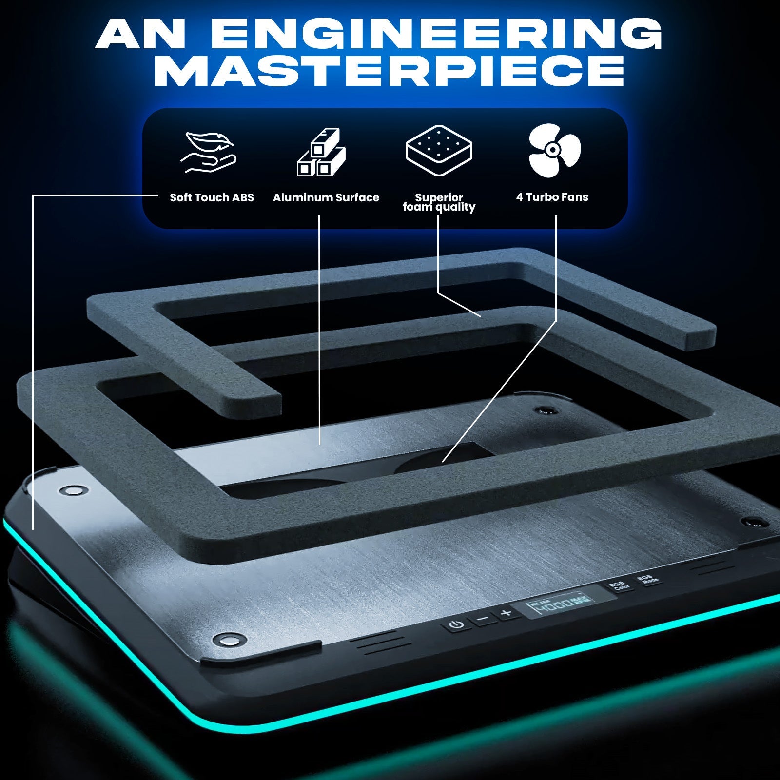 KLIM Turbofrost Laptop Cooling Pad | 4 Turbofans | RGB Lighting