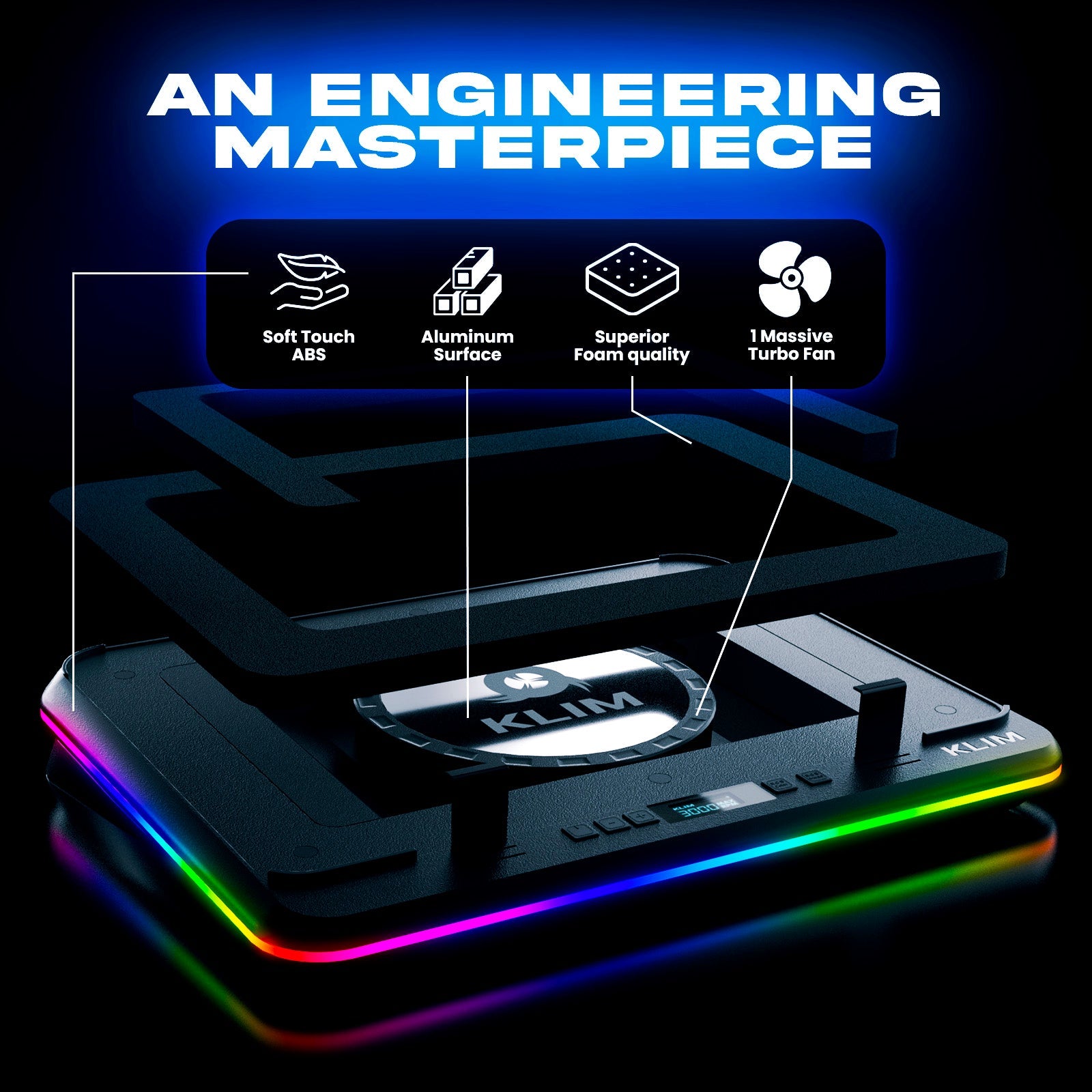 KLIM Turbofrost Laptop Cooling Pad | 4 Turbofans | RGB Lighting