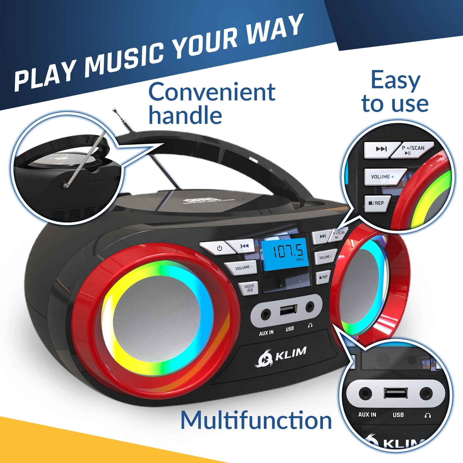 CD Boombox Portable/w Bluetooth USB MP3 Player shops AM/FM Radio AUX Headset Jack LED