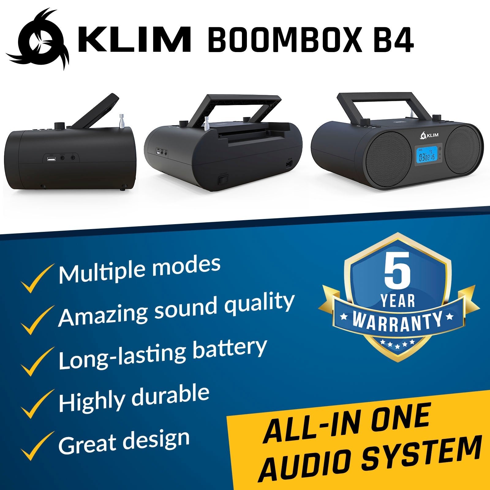 KLIM Boombox B4 Radio CD Player | Rechargeable Battery – KLIM