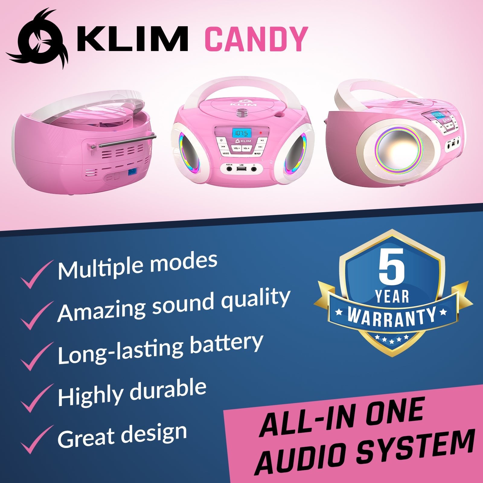KLIM Candy Radio CD Player for Kids | USB & RGB Lights – KLIM