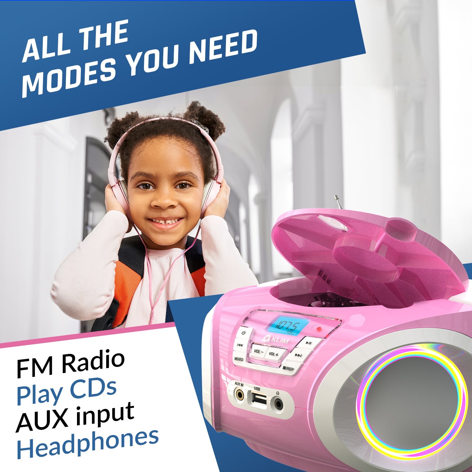 KLIM Candy Radio CD Player for Kids | USB & RGB Lights – KLIM